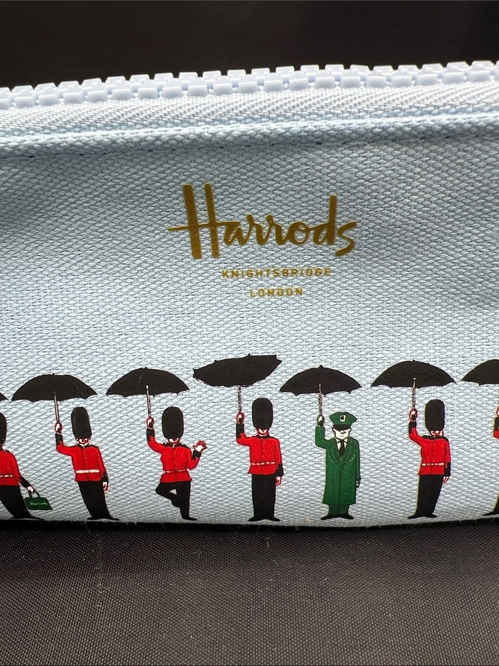 Harrods Pale Blue Guards Illustration Zip Pouch with Gold Logo